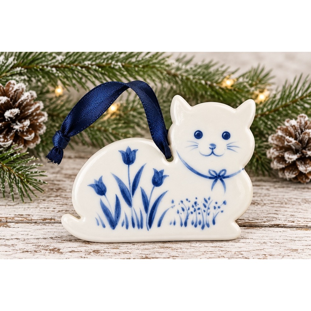Vtg Russ Berrie Cat Christmas Ornament Blue White Delft Tulips Kitty Ceramic